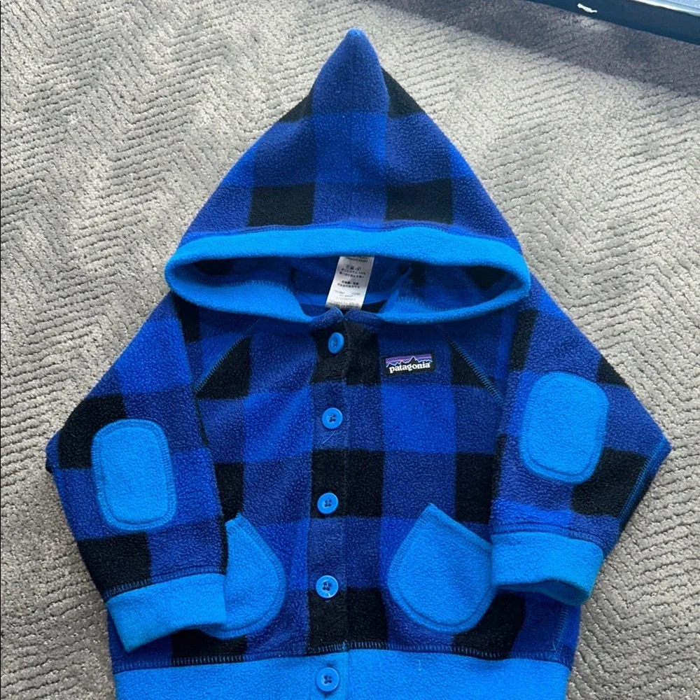 Patagonia Blue and Black Plaid Fleece Hoodie Baby Swirly Top Jacket Size 18M - Picture 3 of 9